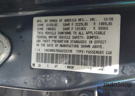 2006 Honda Accord 2.4 Ex из США, поврежденный, VIN 1HGCM567X6A032378